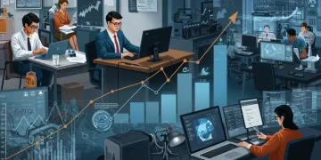 2025 US Labor Market: Wage Growth, Employment & Sector Insights Dynamic visual representation of the 2025 US labor market trends with wage growth and diverse employment sectors.