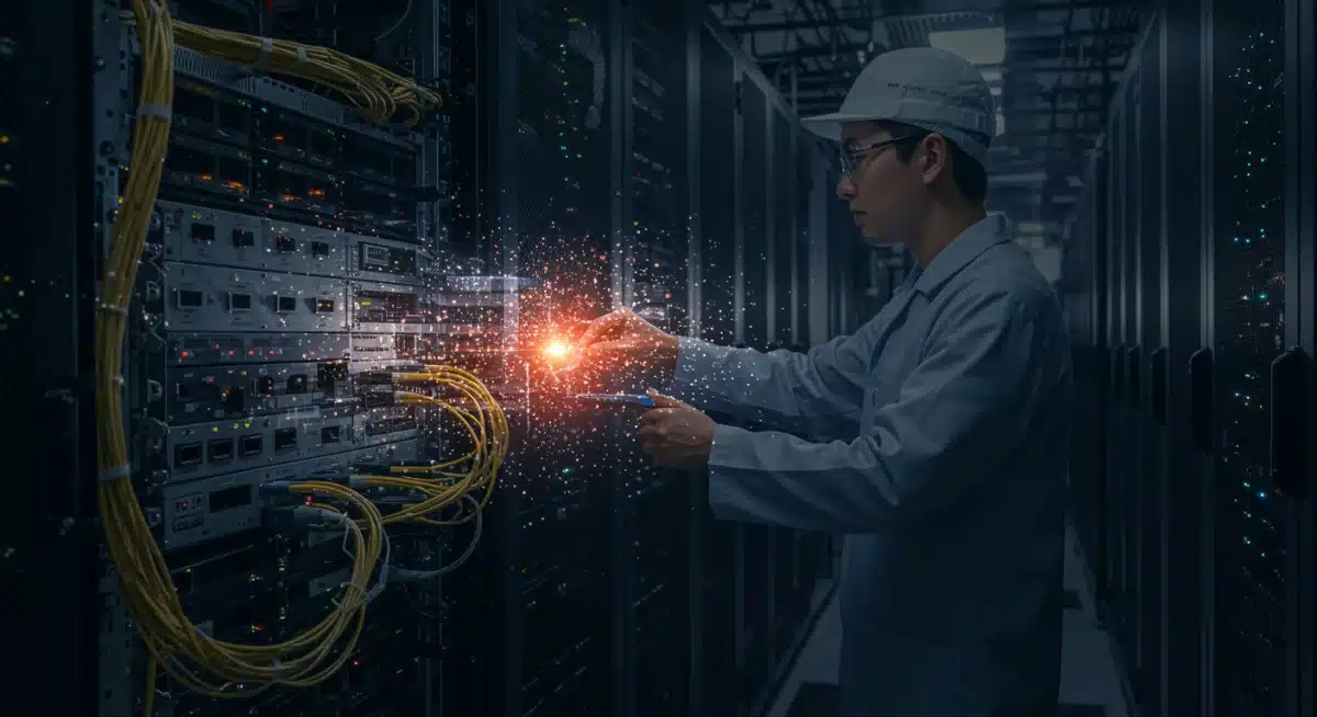 Network engineer working on 6G infrastructure in a data center