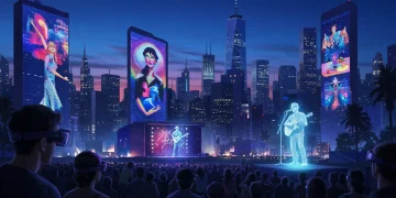 Futuristic cityscape with AI-powered digital art and holographic music performance