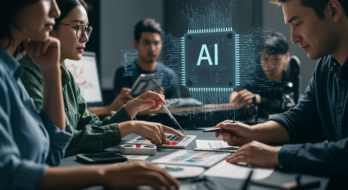 Artists collaborating with AI in a creative studio