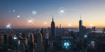 Futuristic cityscape with AI data streams connecting US industries in 2025.