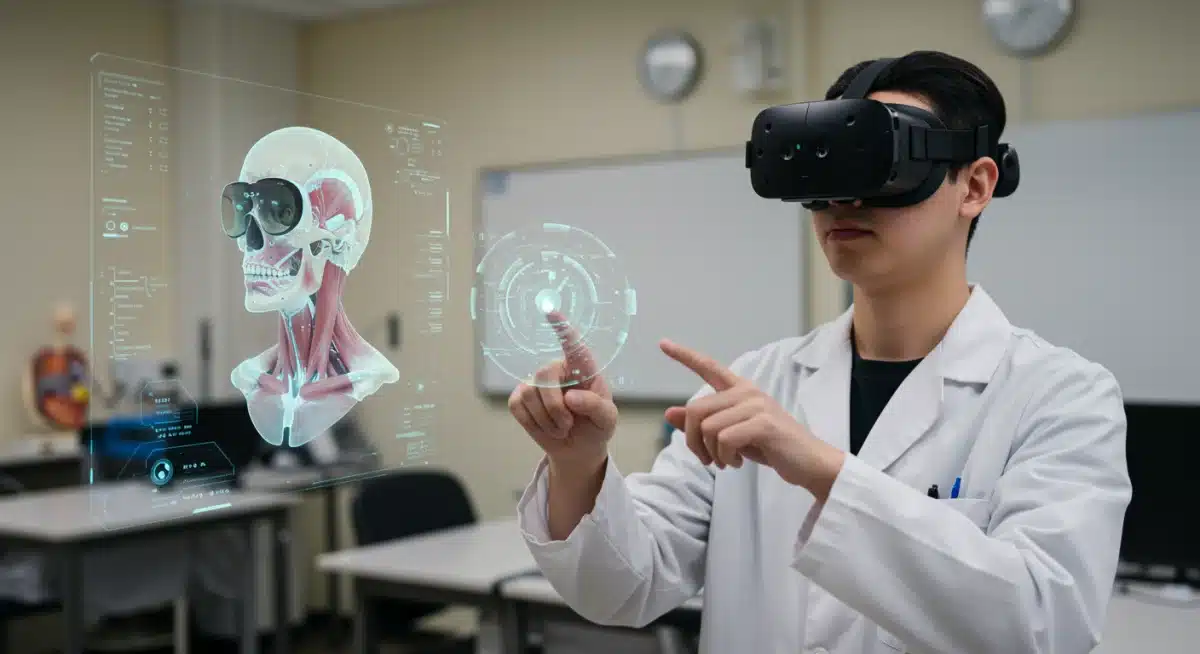 Medical student utilizing augmented reality for immersive anatomical study and enhanced learning experience.