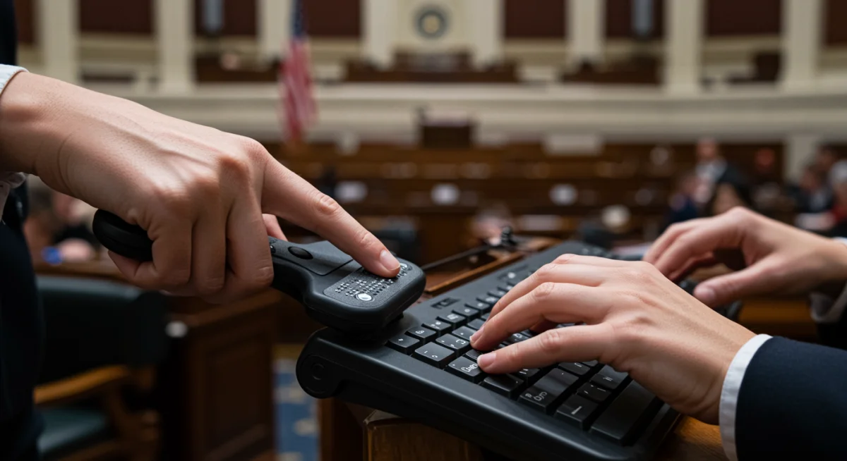 Hands interacting with assistive technology for communication and input, representing new accessibility standards.
