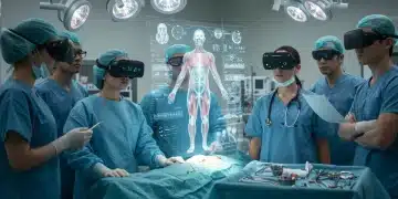 Augmented Reality in Healthcare: US Hospitals' Tangible Patient Outcomes Surgeons using augmented reality for precise navigation during a complex medical procedure in a modern US hospital.