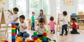 Children learning in a bright early childhood education classroom