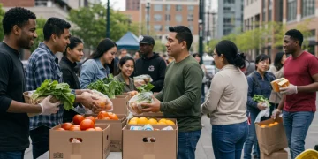 Community food bank distribution event in a U.S. metropolitan area