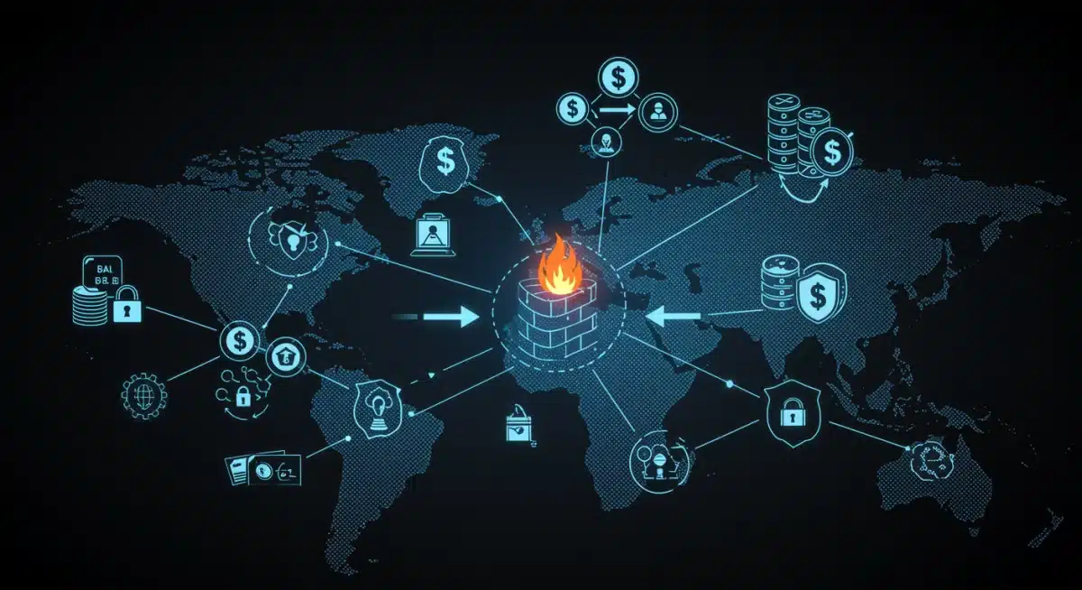 Infographic illustrating data protection and financial security measures in a cybersecurity framework