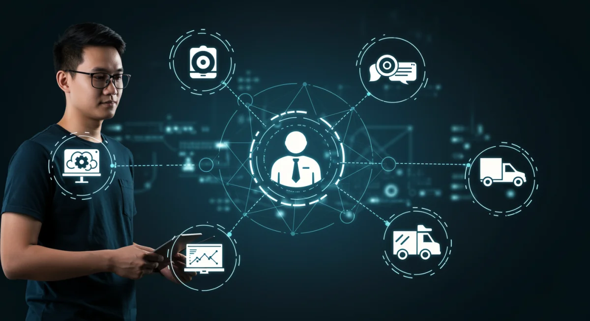 Digital network connecting diverse gig economy professionals, symbolizing interconnected modern work.