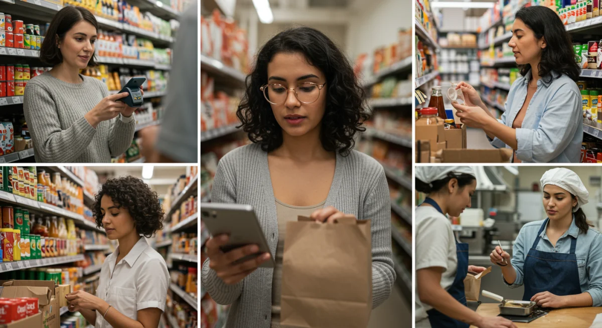 Diverse US consumers engaging in online shopping, sustainable product selection, and experiential services.