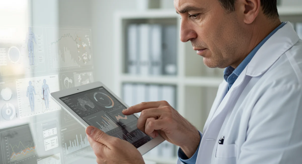 Doctor analyzing patient data on a tablet in a modern clinic