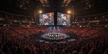 Massive e-sports arena with cheering fans watching a competitive gaming event on a giant screen.