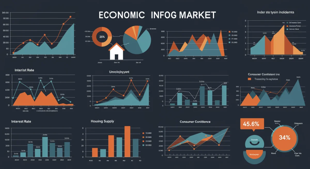 Infographic of economic indicators affecting the 2025 US housing market, including interest rates and housing supply.