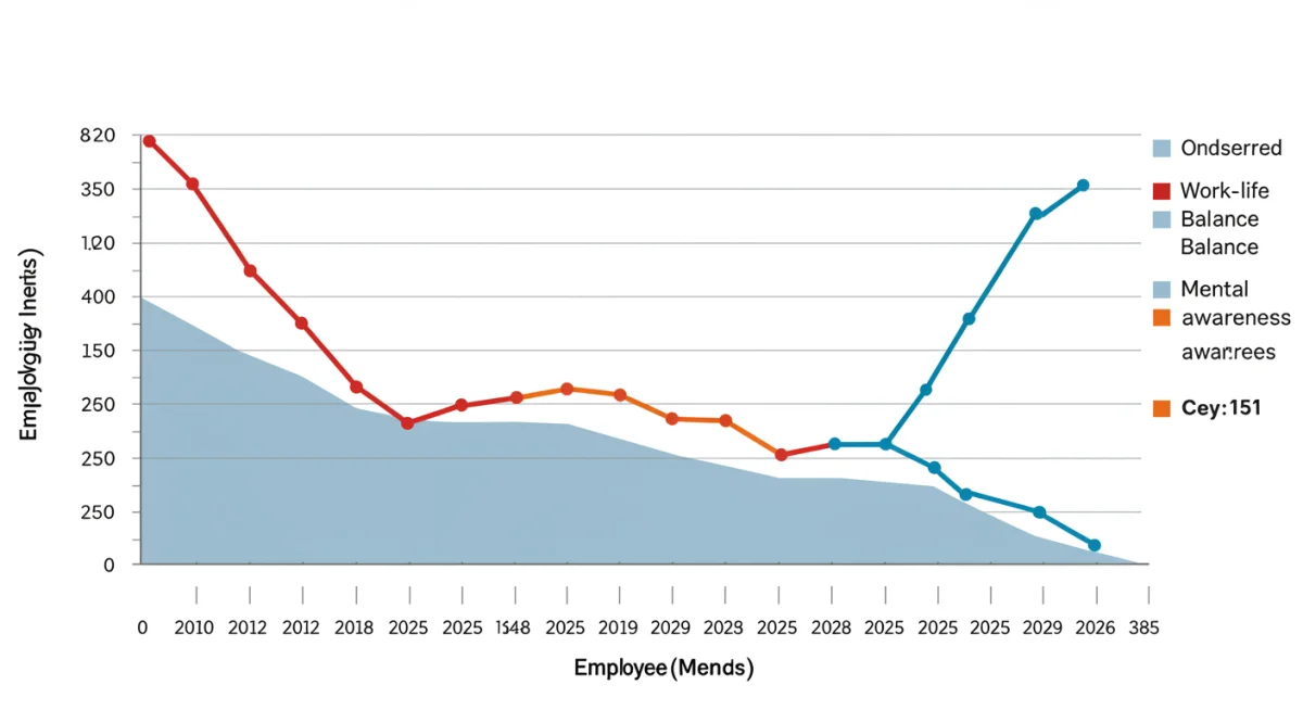Graph illustrating declining employee engagement and rising work-life balance focus in US workplaces leading up to 2025.