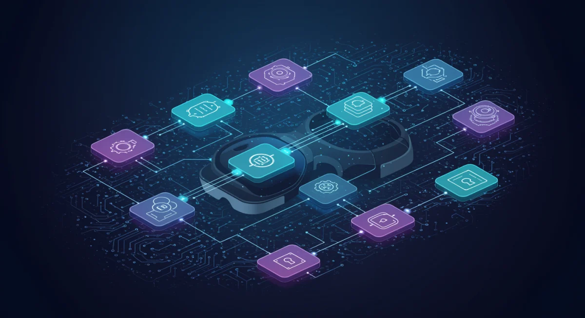 Network diagram showing encrypted data flow in a VR headset for metaverse security