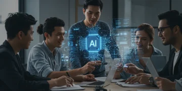 Ethical AI Development: A Framework for US Developers by 2025 US developers collaborating on ethical AI framework with holographic AI model