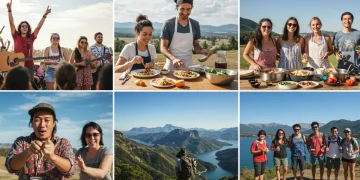 Experience Economy: Americans Spending 15% More on Experiences in 2025 Diverse people enjoying various experiences like music festivals, cooking classes, and outdoor adventures, illustrating the experience economy.