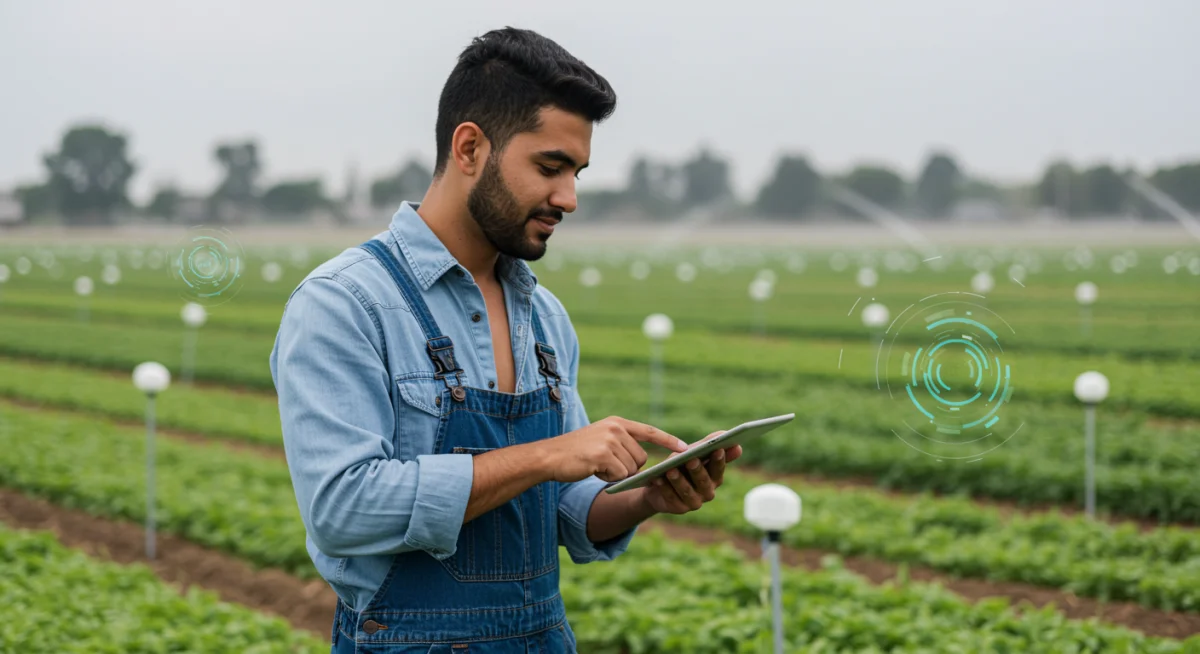 Farmer monitoring crops with a tablet, representing sustainable agriculture and technology integration.