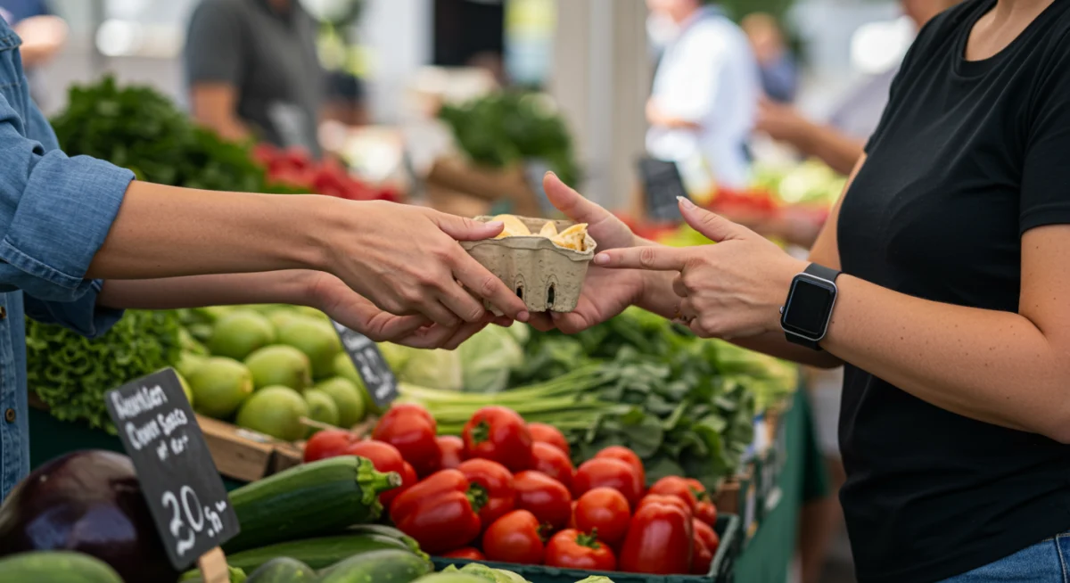 Hands exchanging goods at a vibrant local farmers market stall.