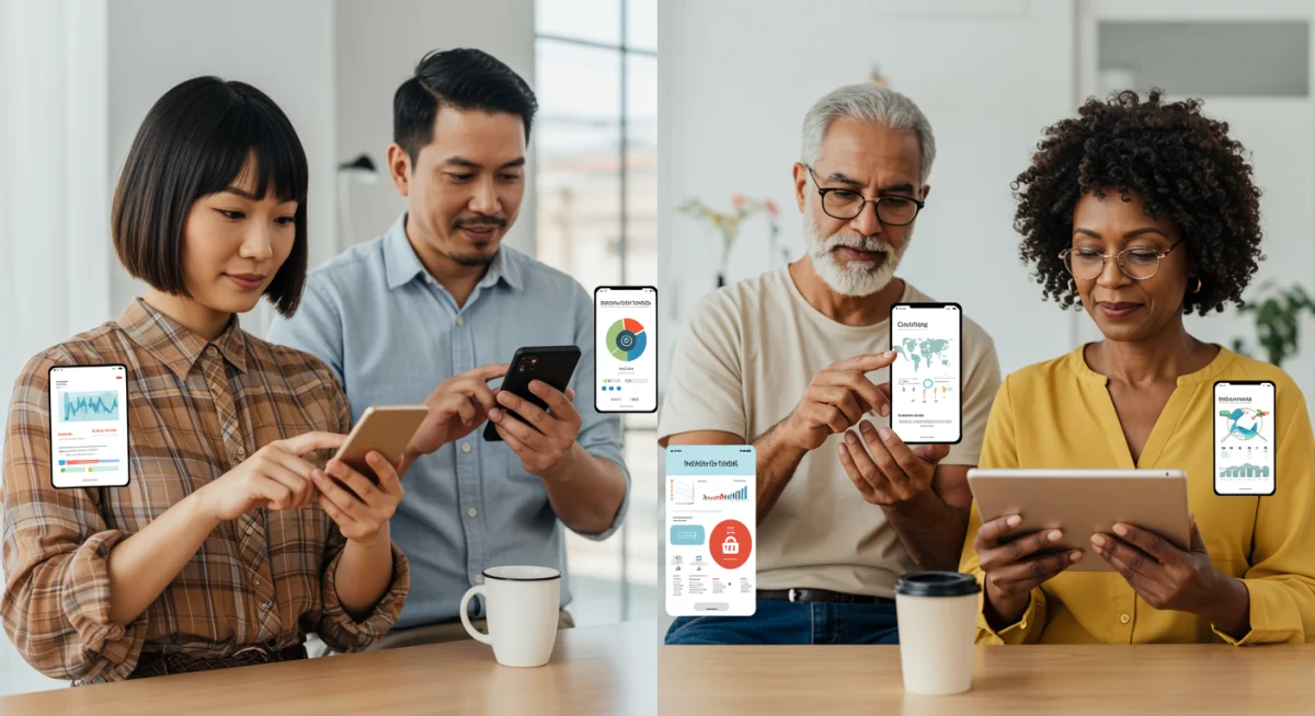 People engaging with diverse fintech applications on mobile devices.