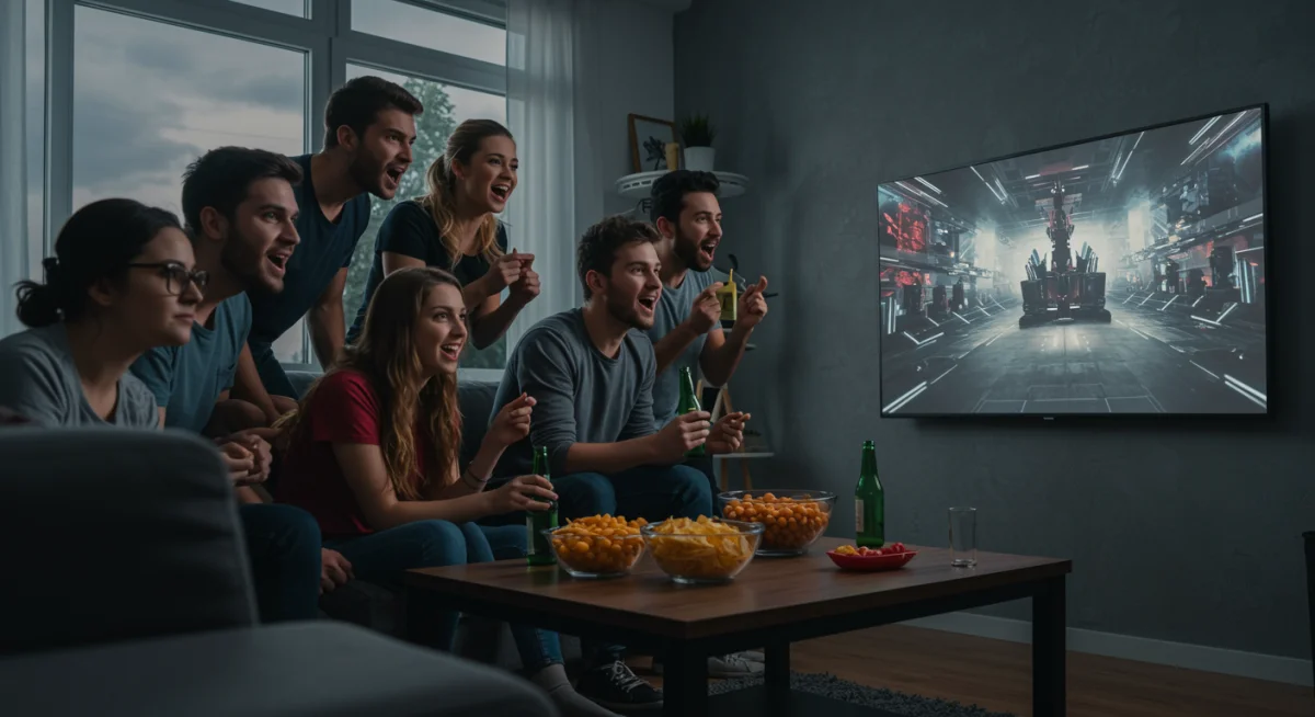 Friends watching an e-sports tournament on a large screen in a living room, engaged and excited.