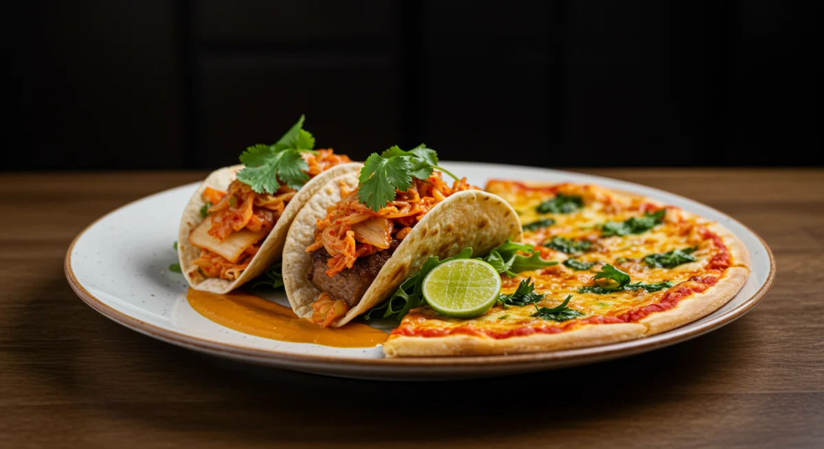 Innovative fusion dish combining diverse culinary traditions, beautifully plated.