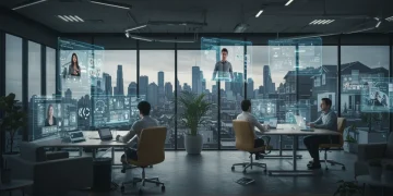 Remote Work US 2025: Real Estate & Tech Impact Future of remote work in US, showing virtual collaboration and integrated home-office environments.