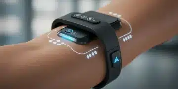 Bio-Integrated Devices: US Wearable Tech Trends by 2025 Futuristic bio-integrated wearable device on human skin, displaying health data.