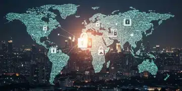 Futuristic cityscape with blockchain connections for US enterprise