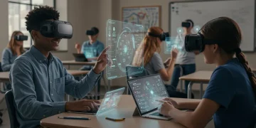 Students learning in a modern, technology-rich classroom with online and personalized tools