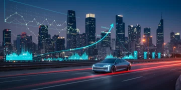 Futuristic electric car on smart city highway, market data overlay