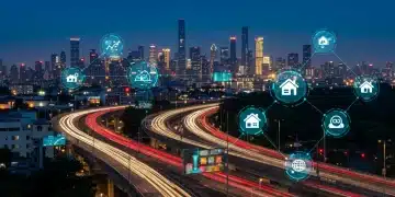 Futuristic smart city landscape with integrated IoT technologies and data flow.