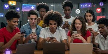 Gen Z's Digital Activism: Reshaping U.S. Politics in 2025 Gen Z individuals engaged in digital political activism on various devices, with social media overlays.