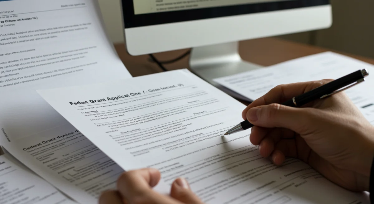 Hand highlighting key detail in federal grant application