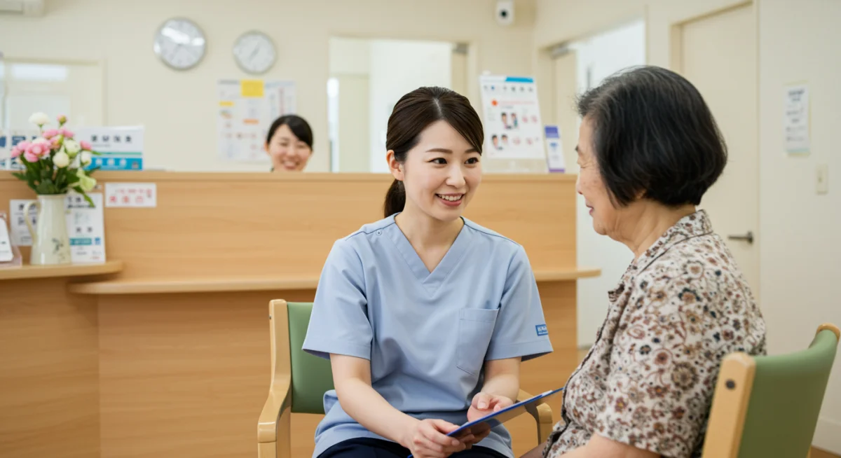 Healthcare professional assisting elderly patient in community clinic.