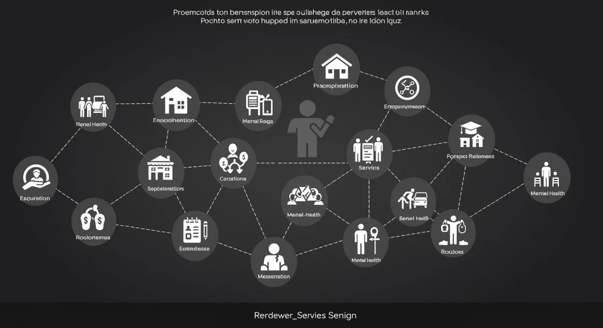 Holistic support network for formerly incarcerated individuals, showing interconnected services.