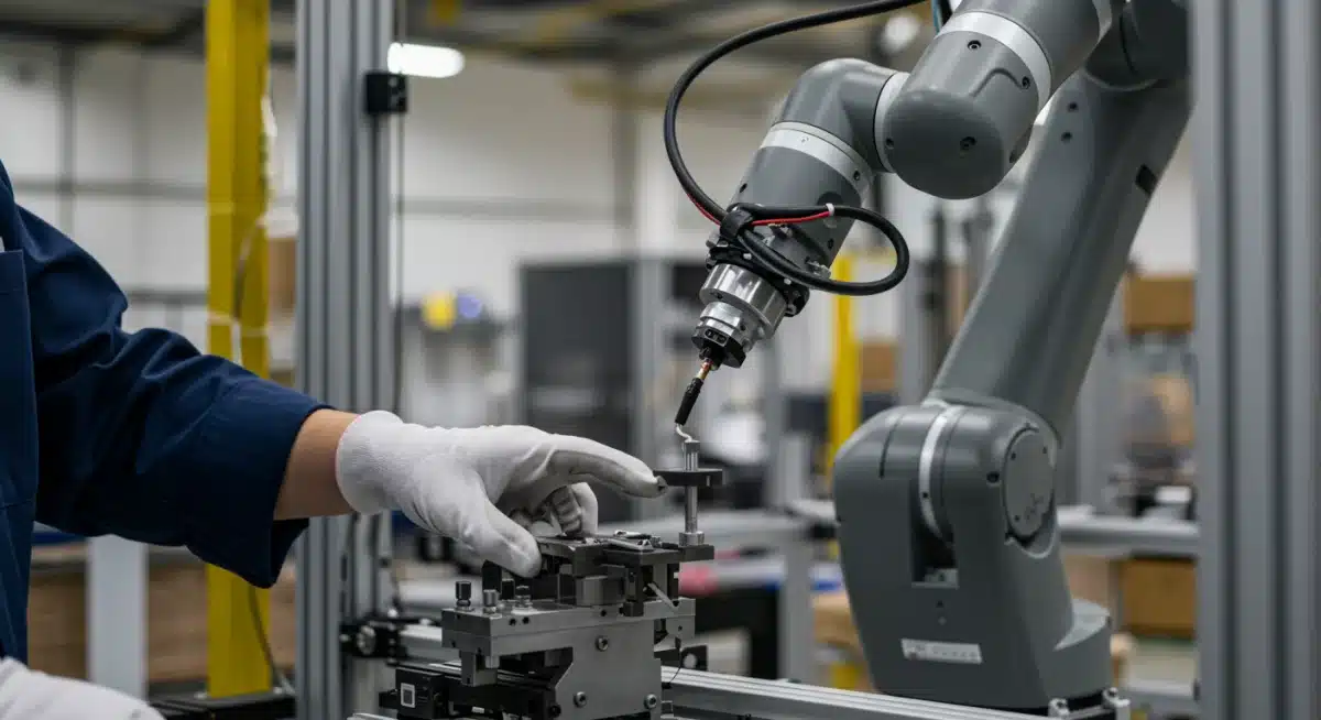 Human and collaborative robot working together in a logistics environment