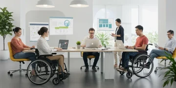 Disability Rights 2025: Inclusive Employment & Accessibility Diverse employees collaborating in an accessible, inclusive office environment, symbolizing disability rights and inclusive employment in 2025.