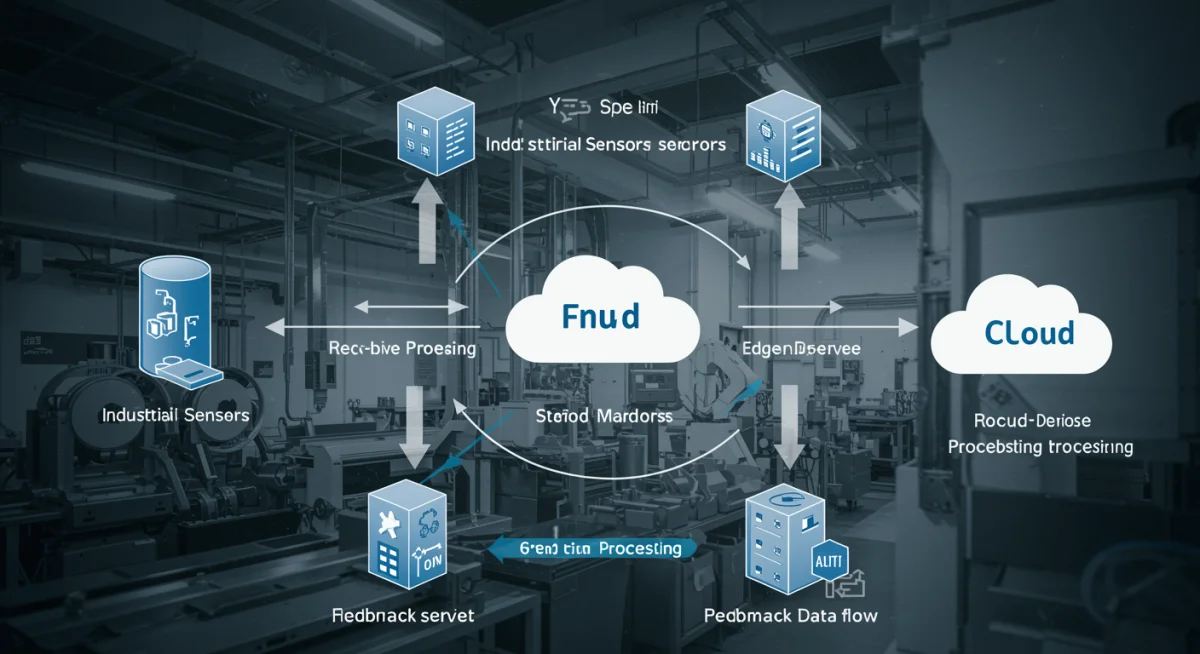 Data flow from industrial sensors to edge device and cloud in a manufacturing setup.