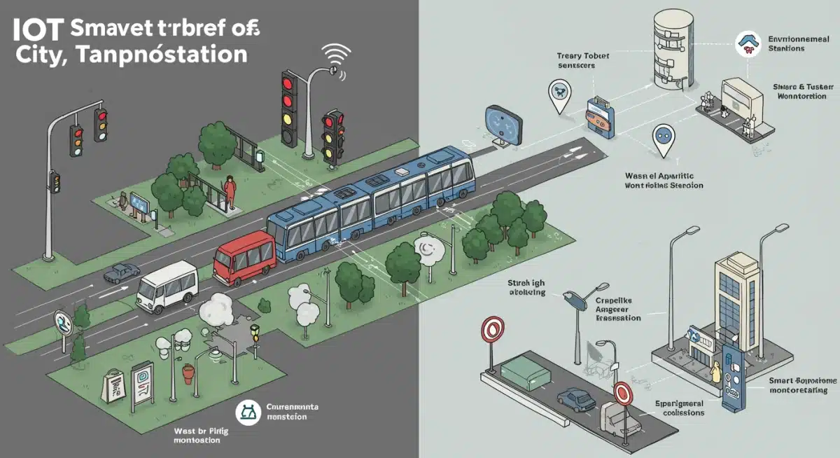 Infographic illustrating diverse IoT applications in a modern urban environment.