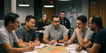 Formerly incarcerated individuals participate in a job training workshop, focusing on skill development.