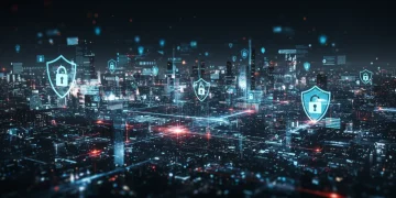 Securing the Metaverse: New Cybersecurity Protocols for US Virtual Environments in 2025 Futuristic virtual city with cybersecurity shields representing metaverse protection