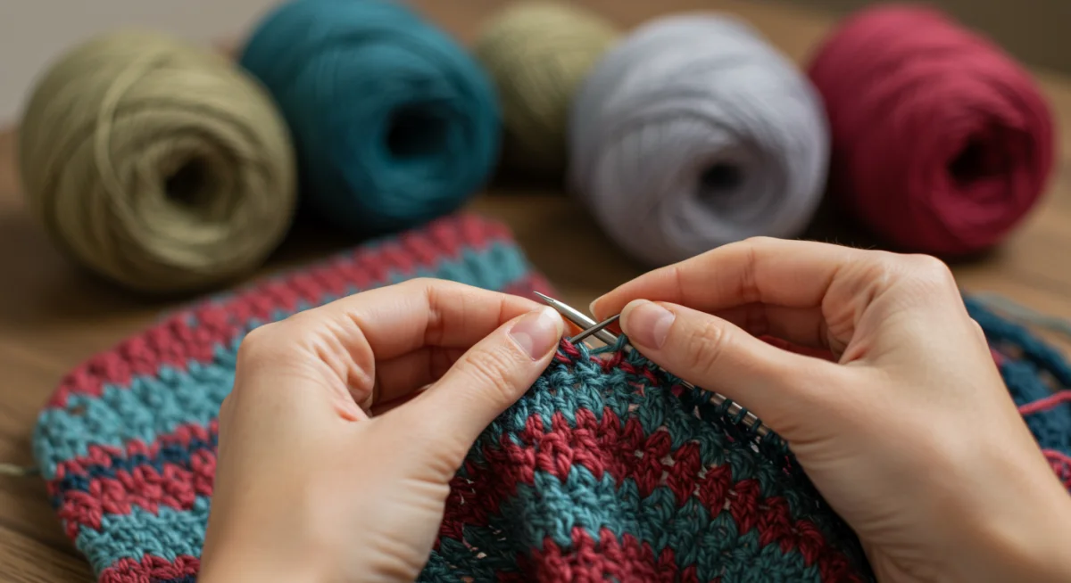 Close-up of millennial hands knitting a vibrant, colorful scarf with yarn