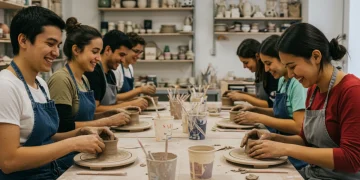 Millennials immersed in pottery workshop, crafting with clay and expressing creativity