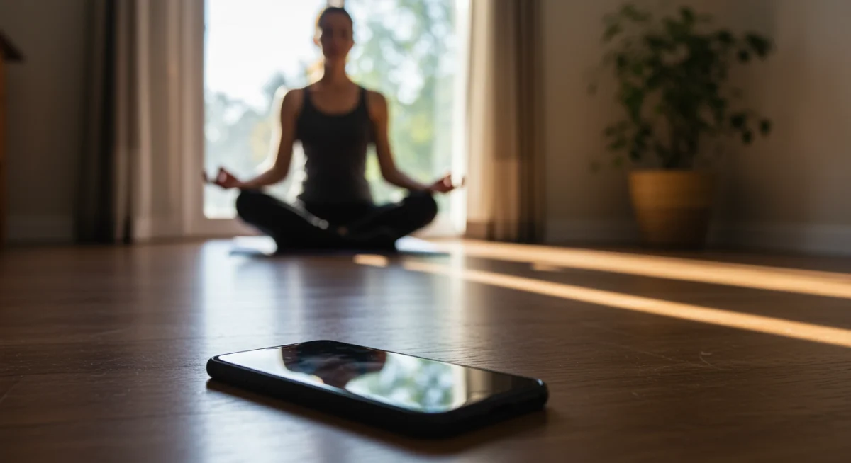 Individual meditating with phone set aside, promoting digital mindfulness.