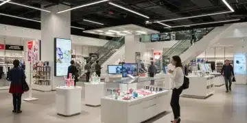 Modern retail store interior with digital screens and diverse shoppers