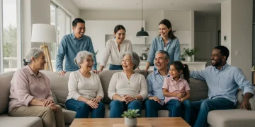 America's Evolving Family Structures: Multi-Generational Households Rise 5% Diverse multi-generational family happily interacting in a modern living room.