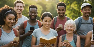 People enjoying nature and real-life interactions, free from digital devices, symbolizing the digital detox trend.
