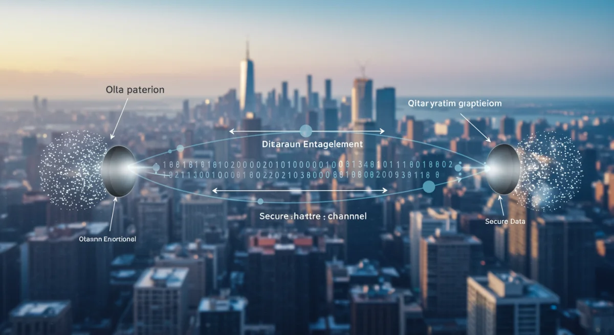 Diagram of quantum entanglement for secure data transmission between two locations.