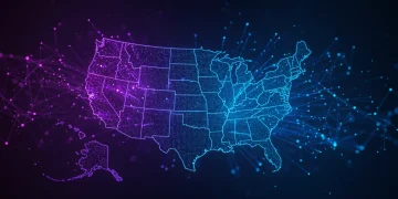 Quantum Internet 2025: US Data Transmission Outlook Futuristic quantum internet network with glowing nodes over a US map, representing advanced data transmission.