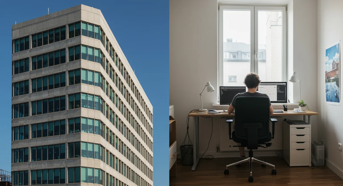 Empty office building contrasted with productive home office, symbolizing real estate shift.